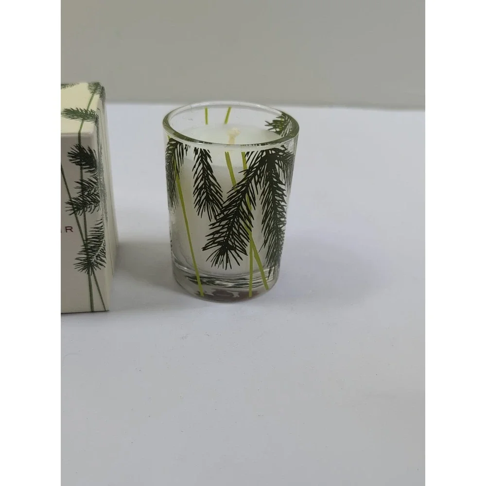Thymes Frasier Fir Votive – Frosted Plaid Coll. Green Gold & White Glass Jar NEW